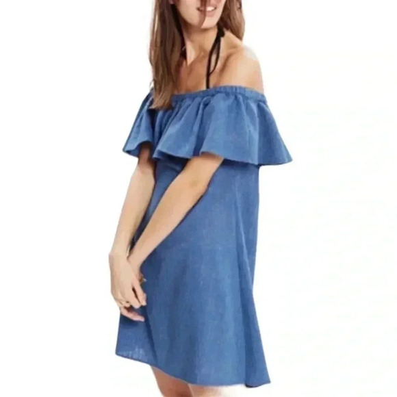 MADEWELL Rio Blue Ruffle Off Shoulder Linen Blend Dress - Picture 1 of 7